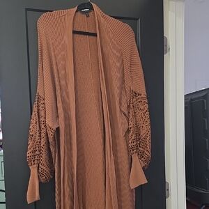 Express Brown Open-Front Cardigan with Crochet Sleeves